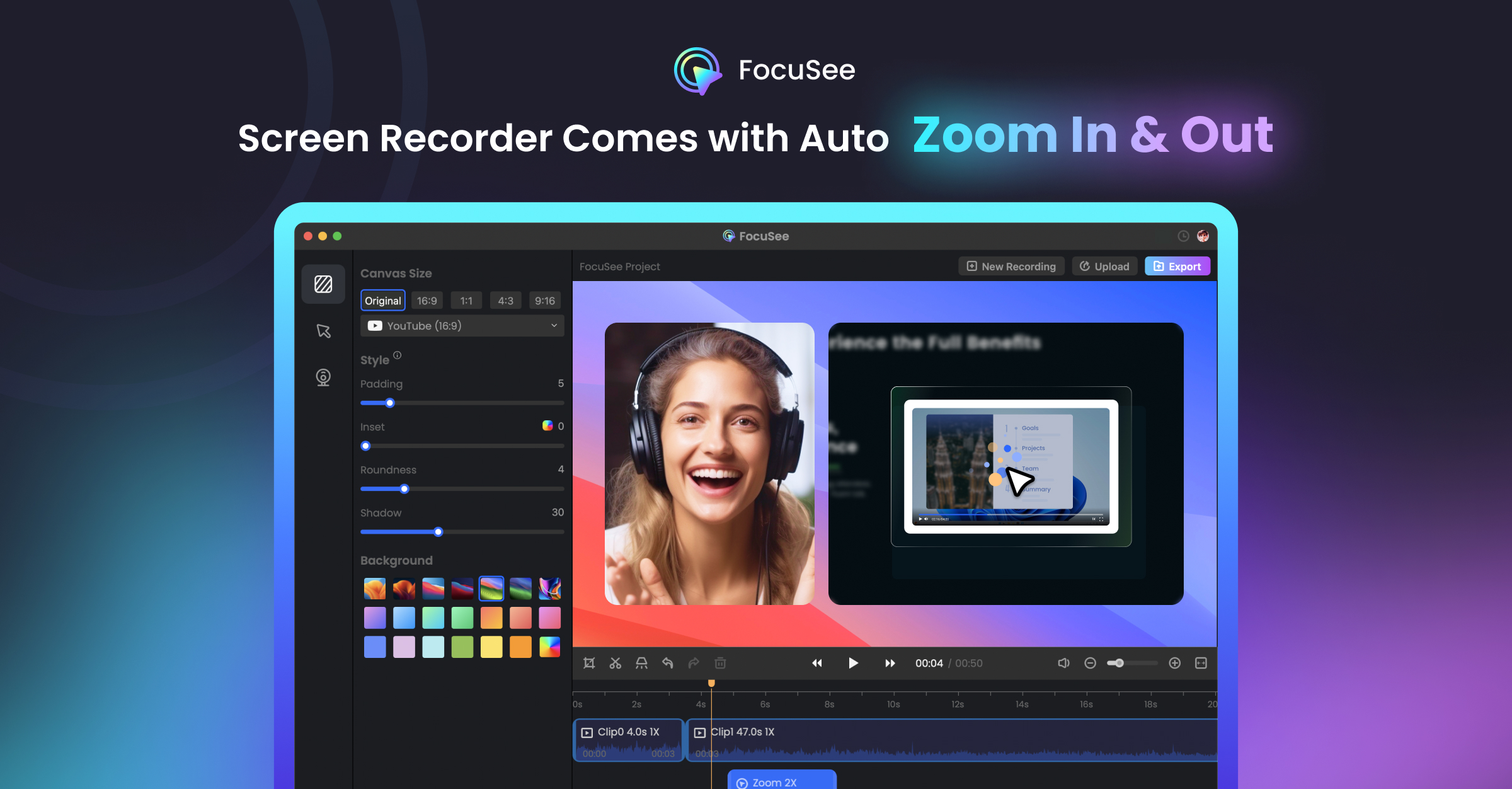 FocuSee — auto-zoom screen recording tool